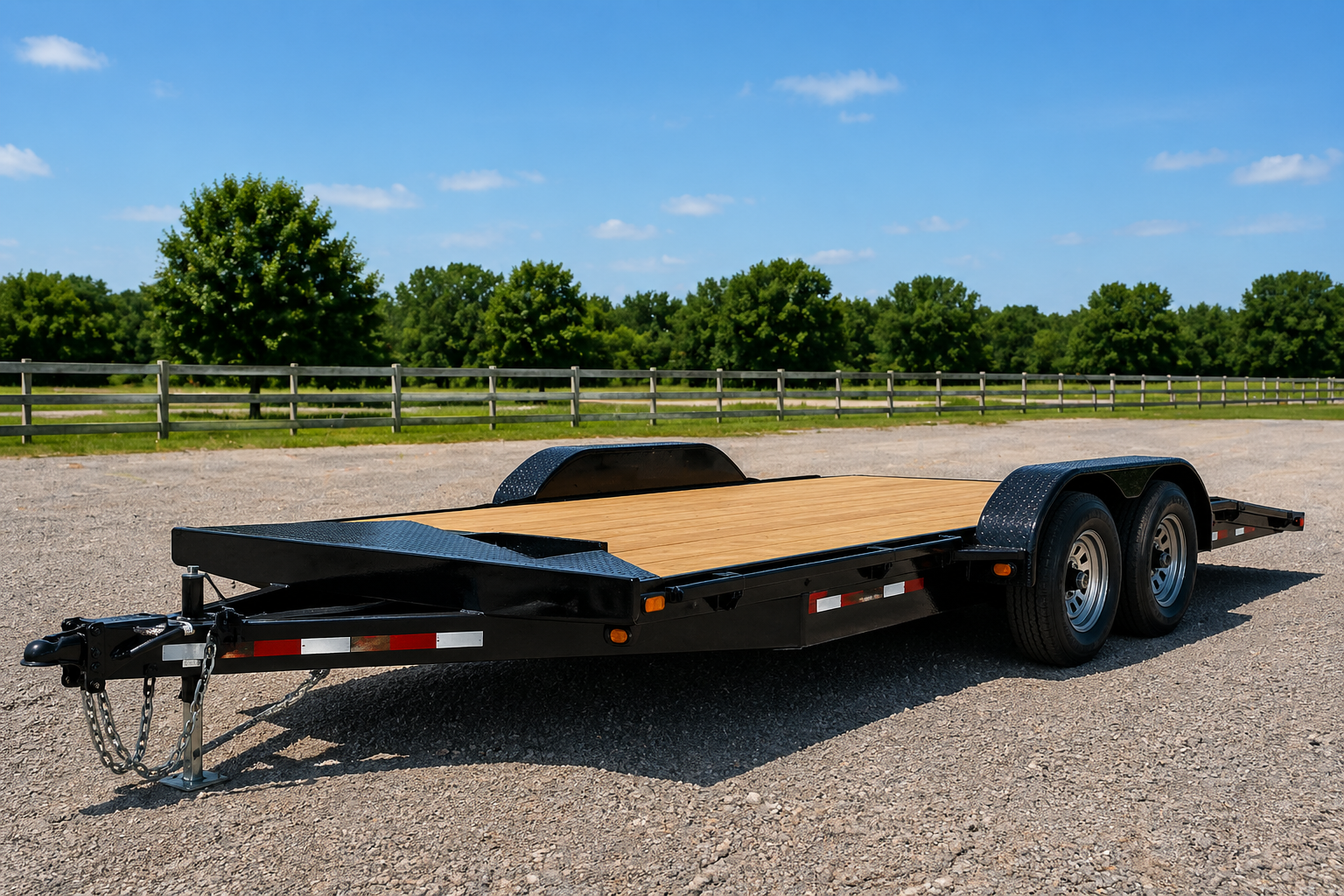 Black flatbed car hauler trailer with wood deck parked on a gravel lot