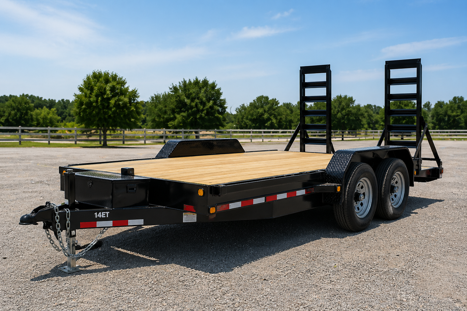Black equipment trailer with wood deck and loading ramps parked on a gravel lot