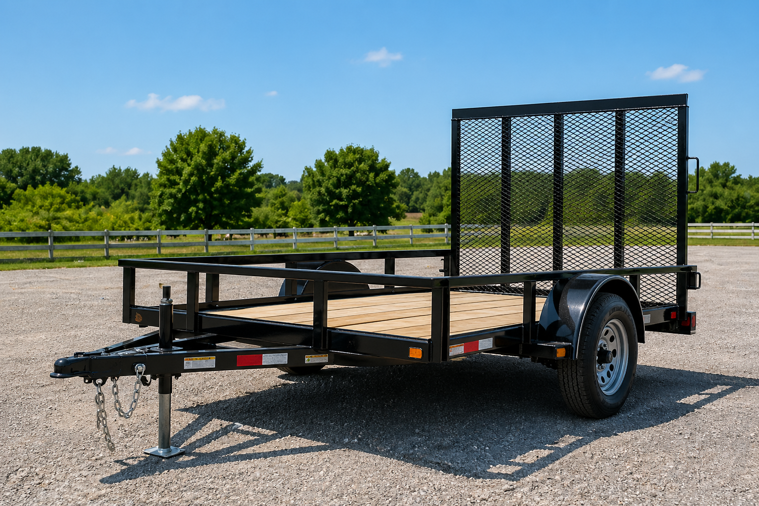 Black utility trailer with wood deck and mesh ramp parked on a gravel lot